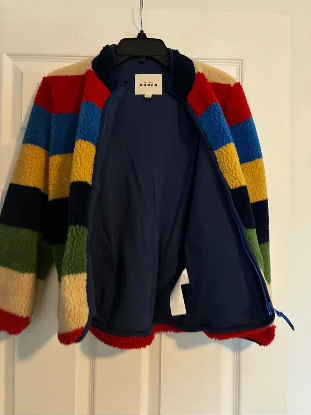 Boden Kids' Multicolor Striped Fleece Jacket - Navy/Red/Yellow/Green Size 10-11